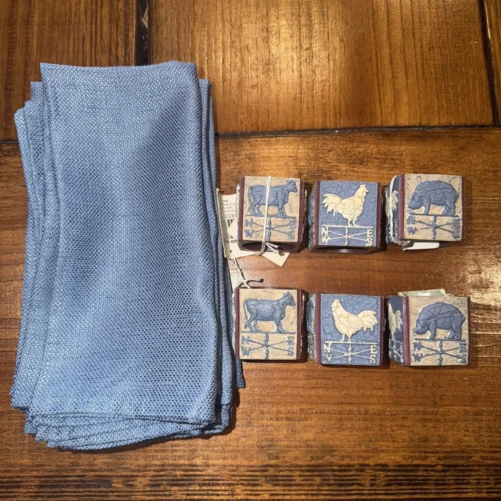 Set 6 Barnyard Animals Resin Napkins & Rings. Rustic Blue Farmhouse Grandmacore